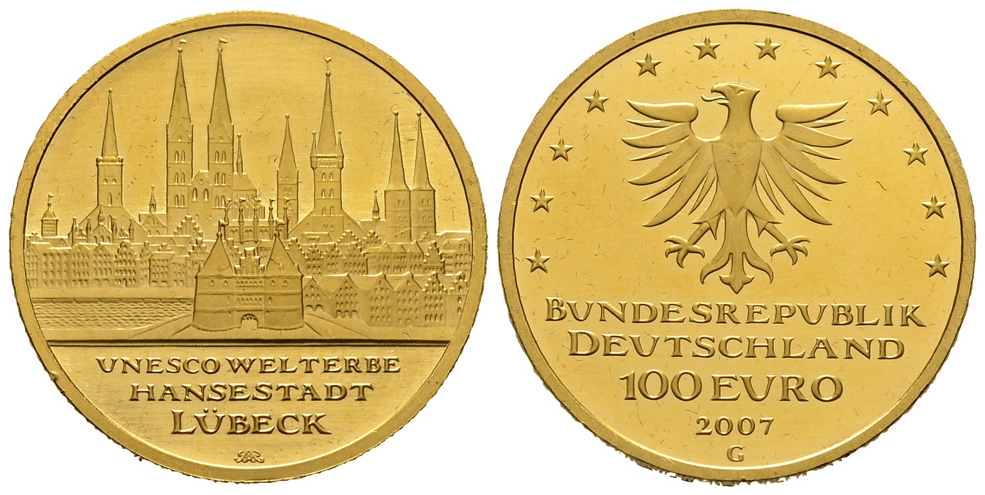 PEUS 7823 BRD 15,55 g Feingold. Lübeck 100 Euro GOLD 2007 G Karlsruhe Kl. Kratzer, vorzüglich