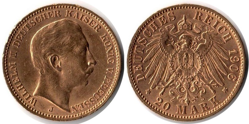 Preussen, Königreich MM-Frankfurt Feingewicht: 7,17g Gold 20 Mark 1906 J sehr schön/vorzüglich (selten)