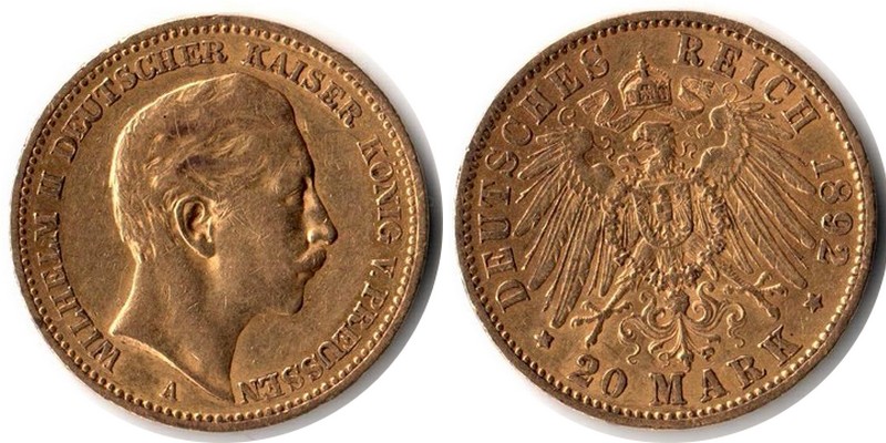 Preussen, Königreich MM-Frankfurt Feingewicht: 7,17g Gold 20 Mark 1892 A sehr schön