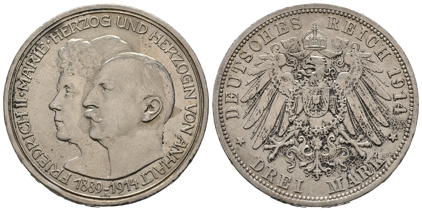 PEUS 7907 Kaiserreich - Anhalt Zur Silberhochzeit 3 Mark 1914 A Gereinigtes Brandexemplar, Sehr schön
