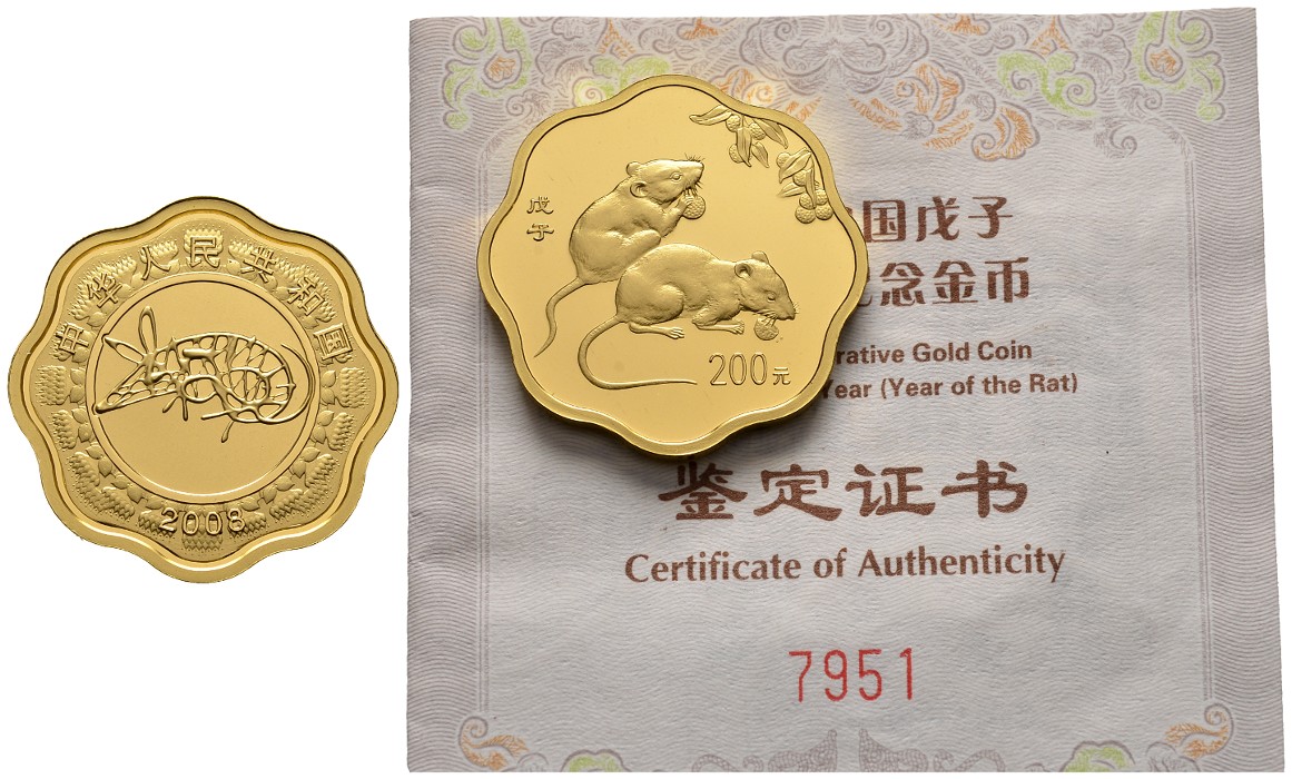 PEUS 8014 China 15,55 g Feingold. Jahr der Ratte + Zertifikat 200 Yuan GOLD 1/2 Unze 2008 Proof (in Kapsel)