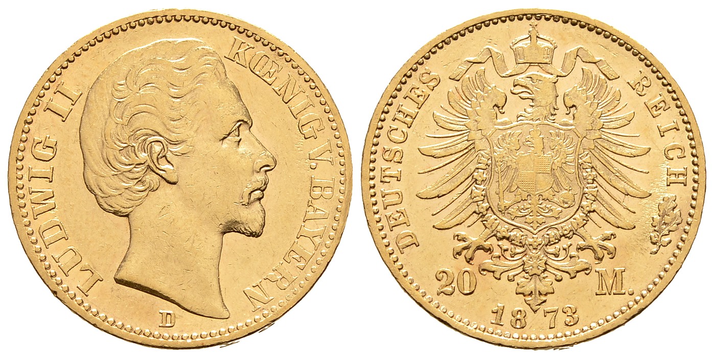 PEUS 8032 Kaiserrreich - Bayern 7,17 g Feingold. Ludwig II. (1864 - 1886) 20 Mark GOLD 1873 D München Sehr schön +