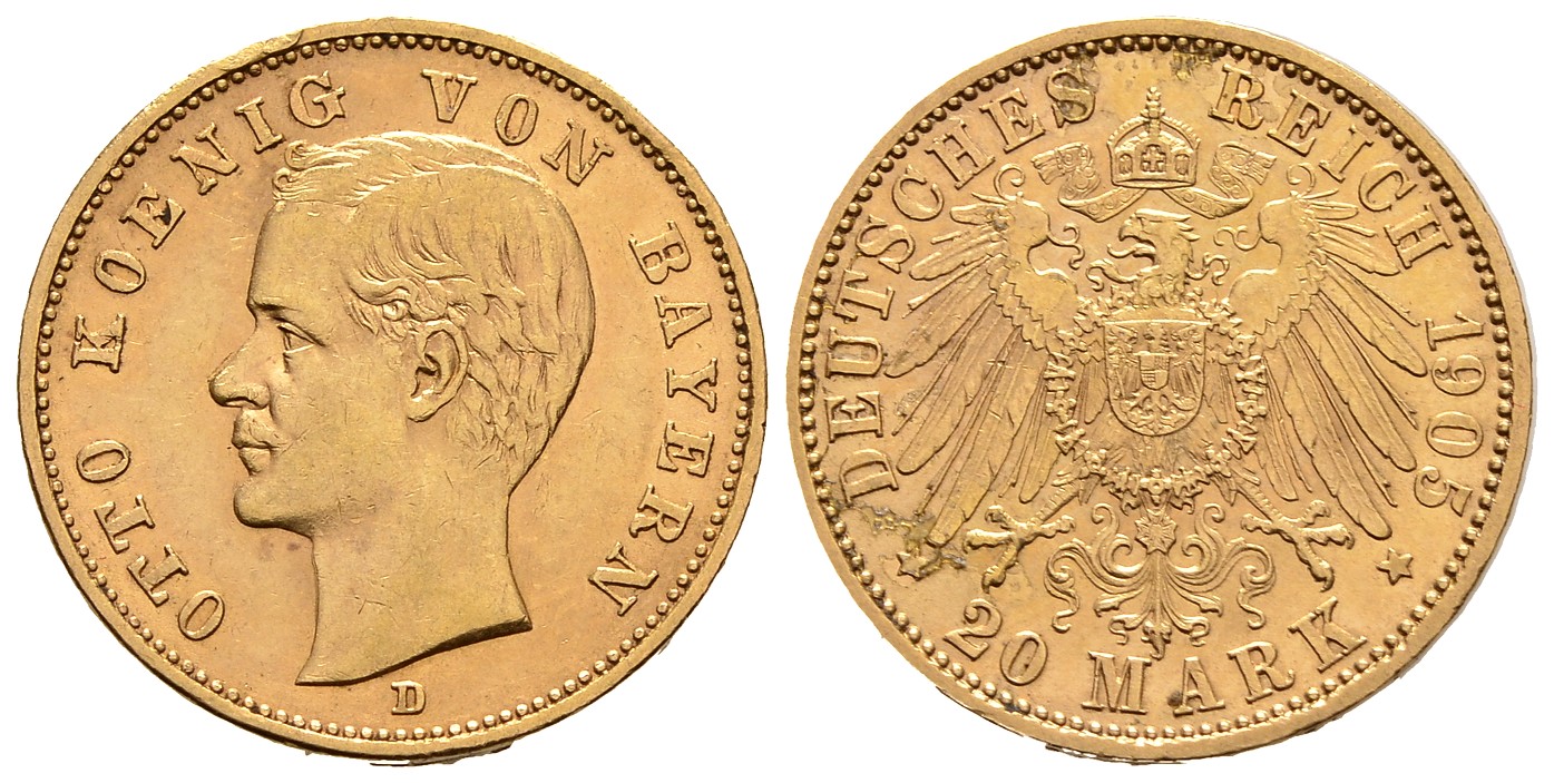 PEUS 8036 Kaiserreich - Bayern 7,17 g Feingold. Otto (1886 - 1913) 20 Mark GOLD 1905 D Kl. Randfehler,Sehr schön / Sehr schön +