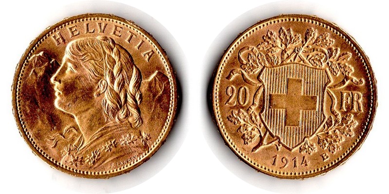 Schweiz MM-Frankfurt Feingewicht: 5,81g Gold 20sFR (Vreneli) 1914 B vorzüglich/sehr schön