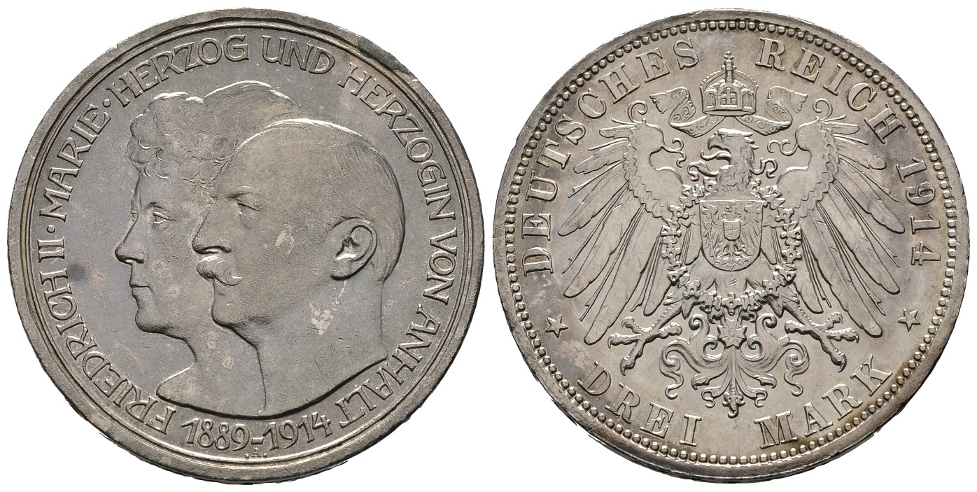 PEUS 8121 Kaiserreich - Anhalt Zur Silberhochzeit 3 Mark 1914 A Gereinigtes Brandexemplar, Sehr schön