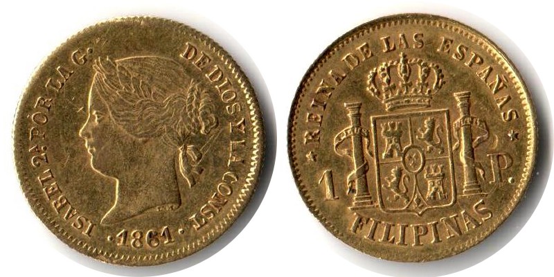 Spanien MM-Frankfurt Feingewicht: 1,49g Gold 1 Pesos 1861 sehr schön