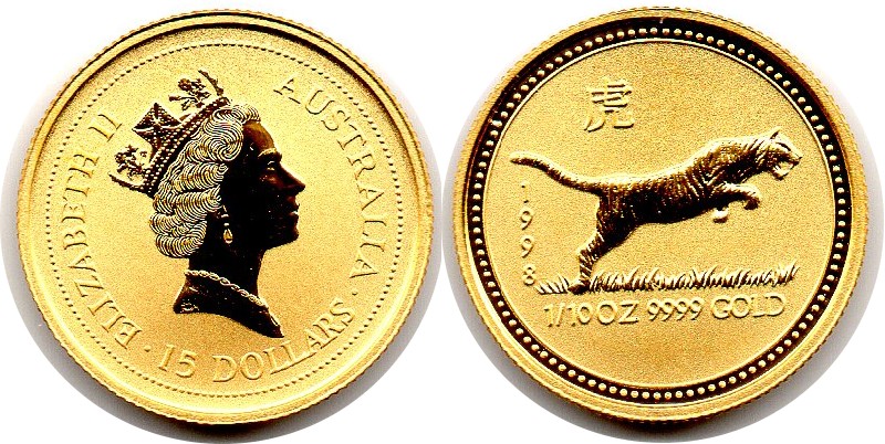Australien MM-Frankfurt Feingewicht: 3,11g Gold 15 Dollar (Tiger) 1998 stempelglanz