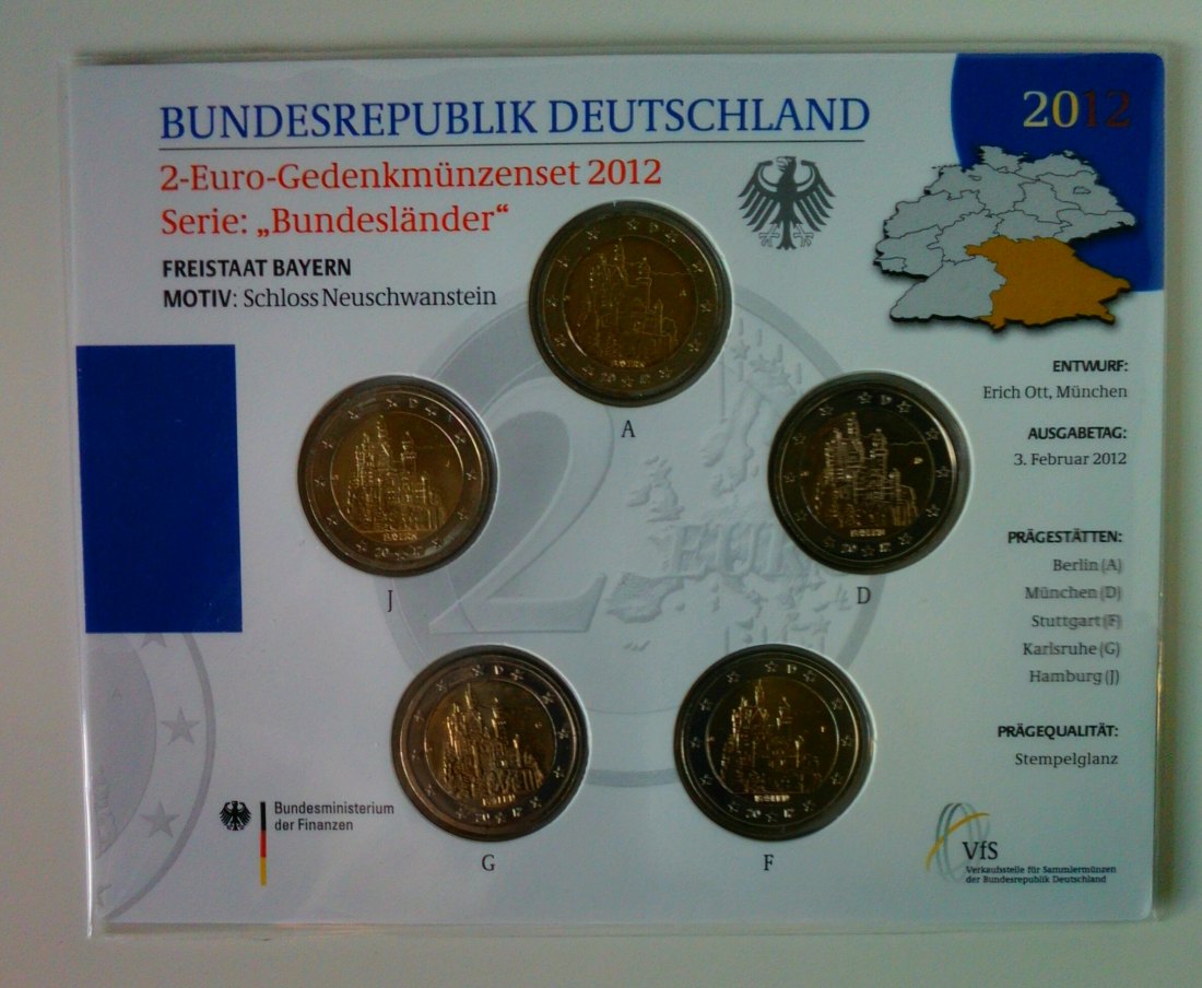  5 x 2 Euro Gedenkmünzen BRD Serie Bundesländer Bayern 2012, Blister, Stempelgl. offiz. Ausgabe   