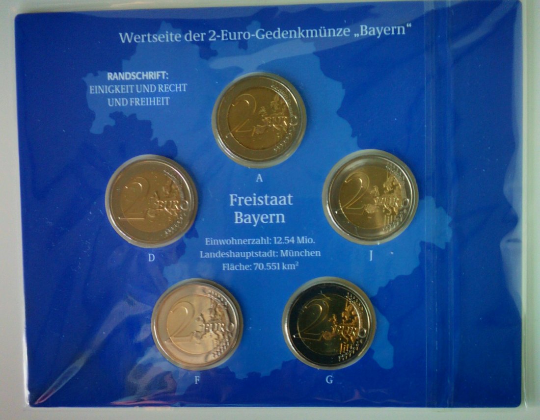  5 x 2 Euro Gedenkmünzen BRD Serie Bundesländer Bayern 2012, Blister, Stempelgl. offiz. Ausgabe   