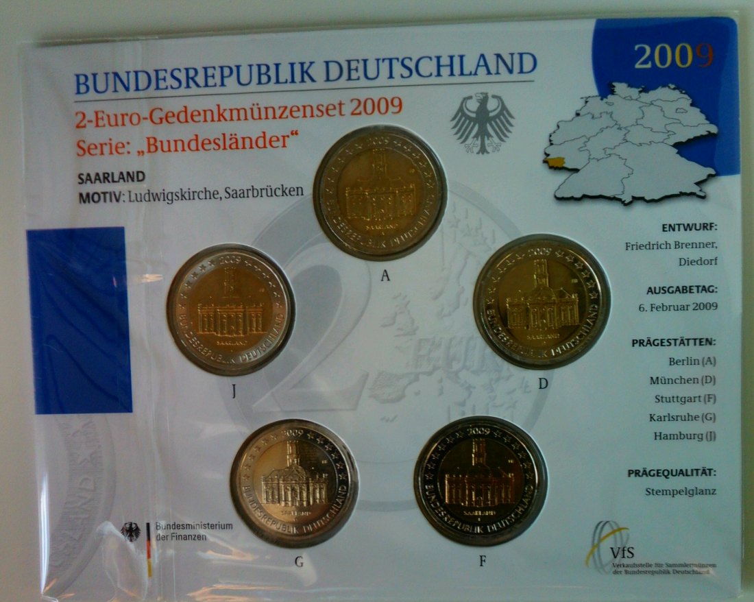  5 x 2 Euro Sondermünzen BRD Serie Bundesländer, Saarland, 2009, Blister, Stgl. offiz. Ausgabe   