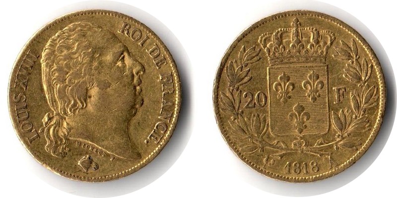 Frankreich MM-Frankfurt Feingewicht: 5,81g Gold 20 Francs 1818 sehr schön