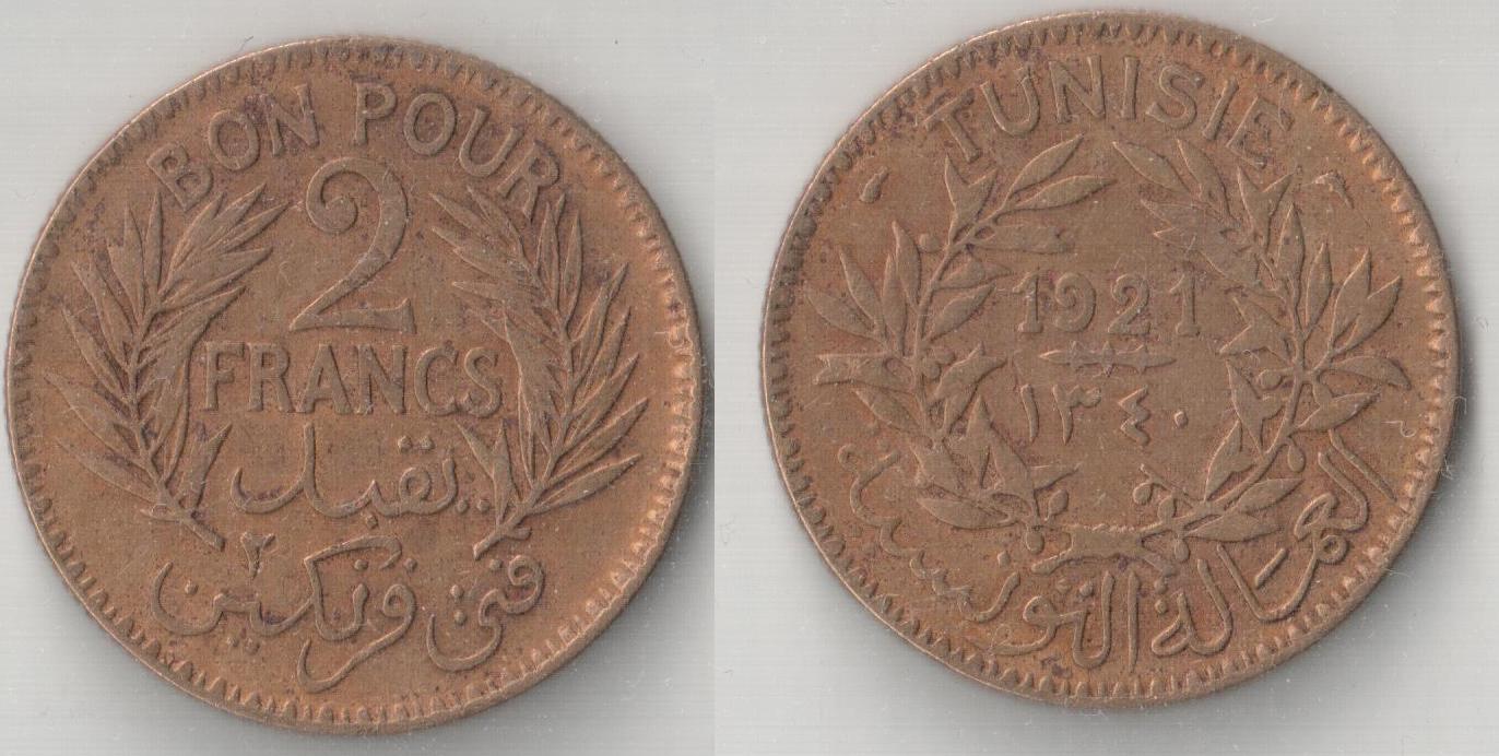  Tunesien 2 Francs 1921   