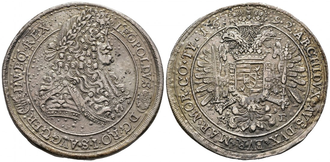 PEUS Habsburg - Ungarn Leopold I. (1657-1705 ) Taler 1692 KB Kremnitz Brandspuren, sehr schön