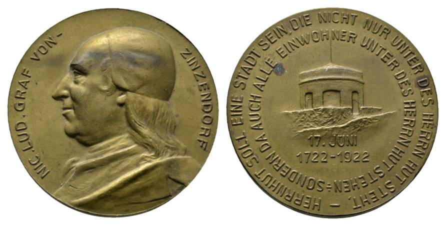 Nic. Lud. Graf von Zinsendorf, Bronzemedaille 1922; 31,8 g, Ø 40 mm   