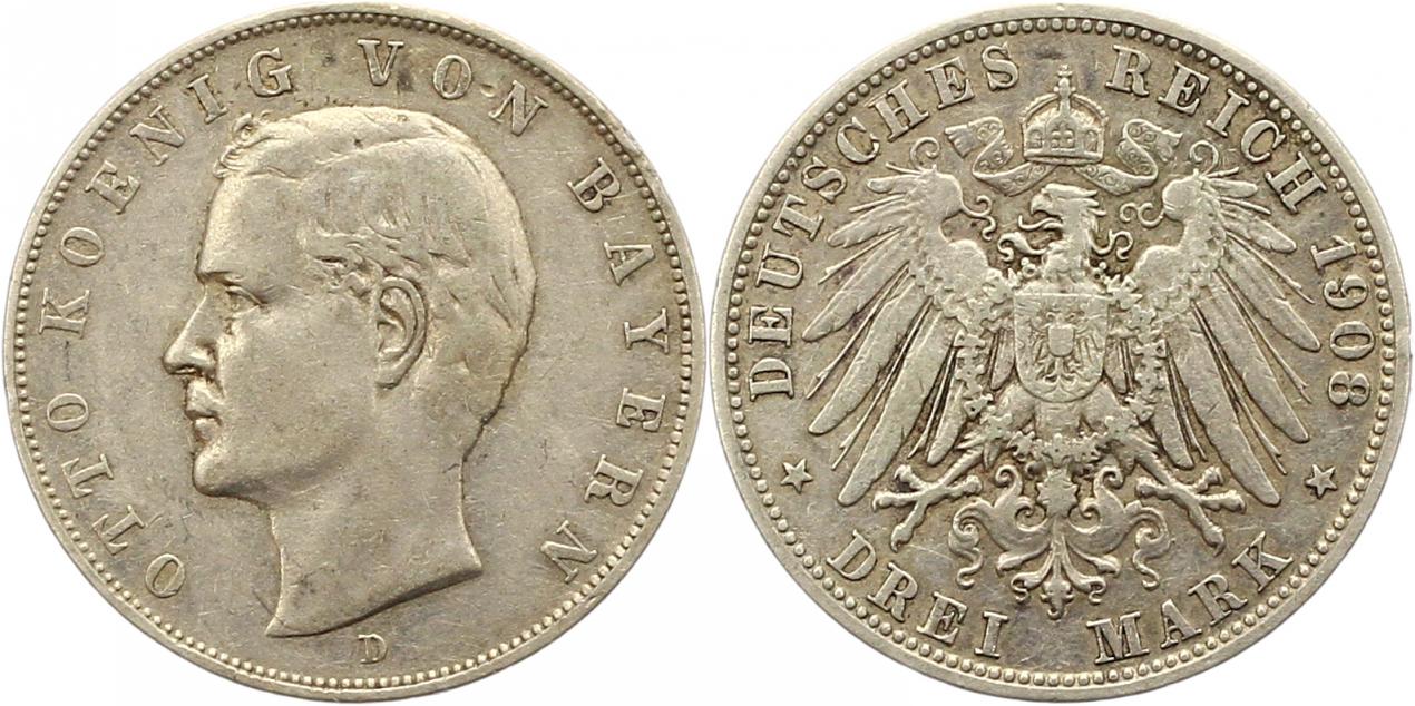  8388 Kaiserreich Bayern 3 Mark 1908   