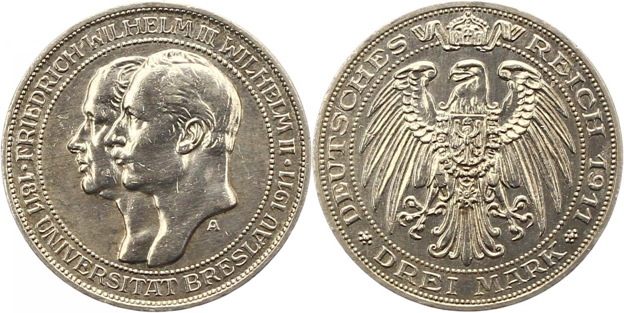  8436 Kaiserreich Preussen 3 Mark 1911 Uni Breslau   