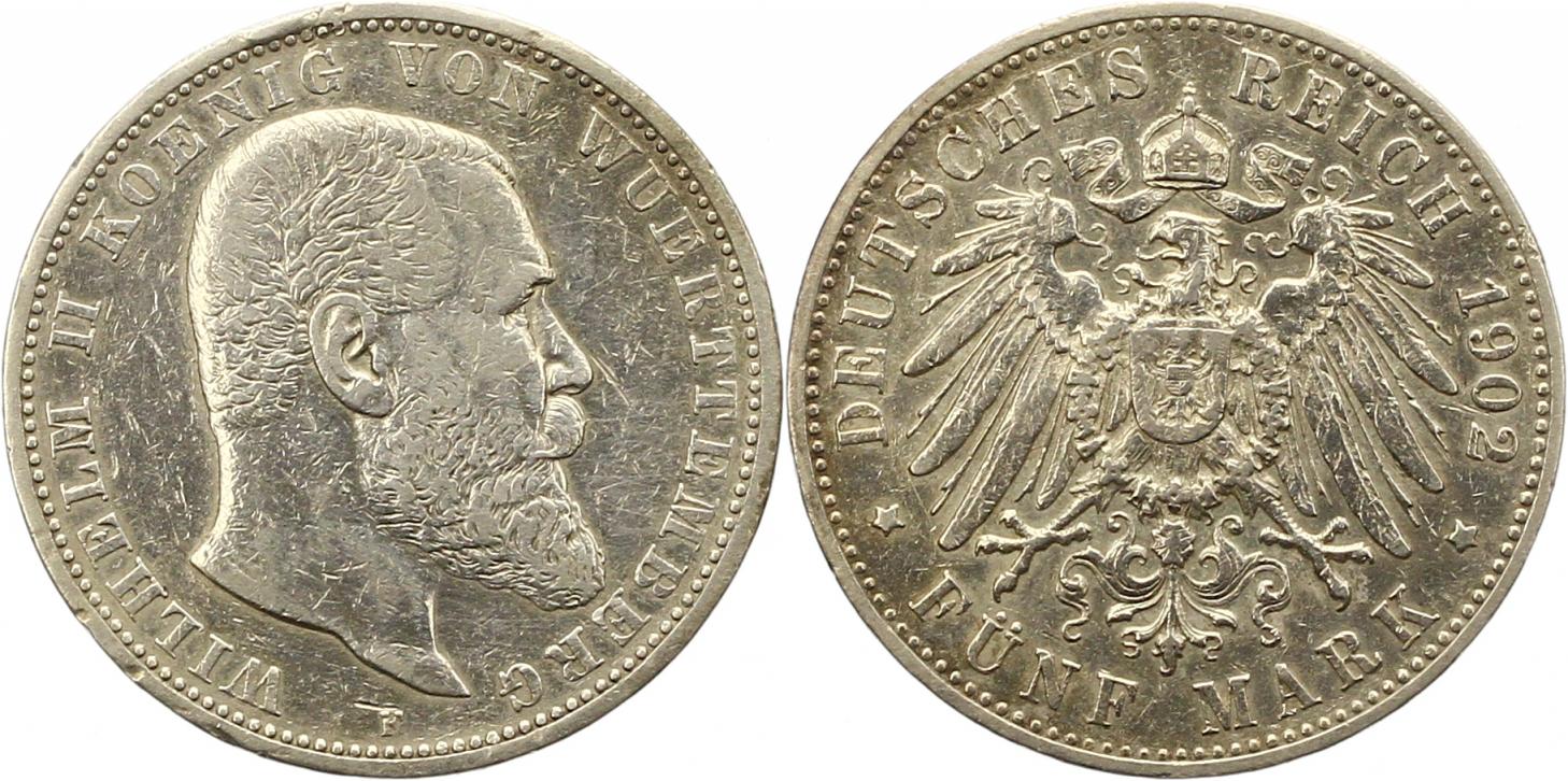  8466 Kaiserreich Württemberg 5 Mark 1902   