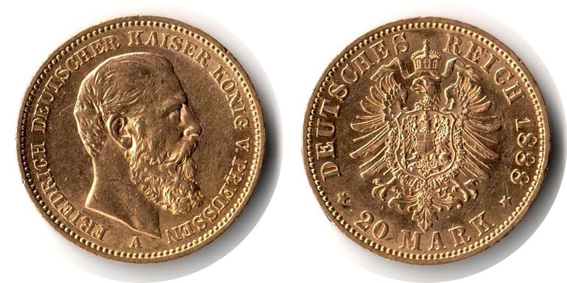 Preussen, Kaiserreich MM-Frankfurt Feingewicht: 7,17g Gold 20 Mark 1888 A sehr schön