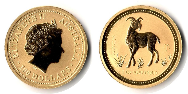 Australien MM-Frankfurt Feingewicht: 31,1g Gold 100 Dollar (Ziege) 2003 stempelglanz
