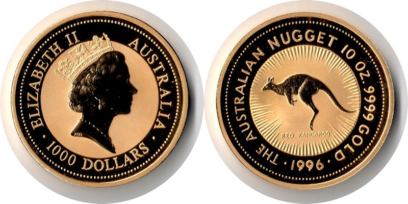 Australien MM-Frankfurt Feingewicht: 311g Gold 1000 Dollar (Kangaroo) 1996 stempelglanz