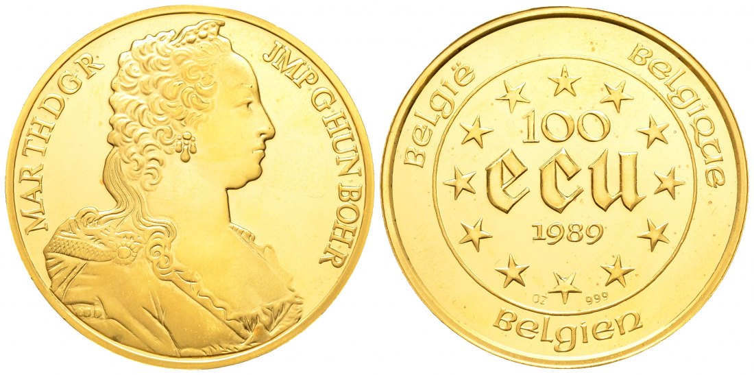 PEUS 8425 Belgien 31,1 g Feingold. Maria Theresia Nur 2.000 Exemplare! 100 Ecu GOLD 1989 Impaired Proof / Vorzüglich + aus PP