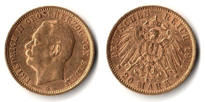 Baden, Großherzogtum MM-Frankfurt Feingewicht: 7,17g Gold 20 Mark 1911 G sehr schön