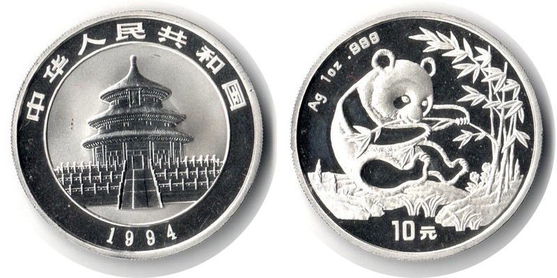  China  10 Yuan (Panda) 1994  FM-Frankfurt  Feingewicht: 31,1g Silber vorzüglich aus PP   