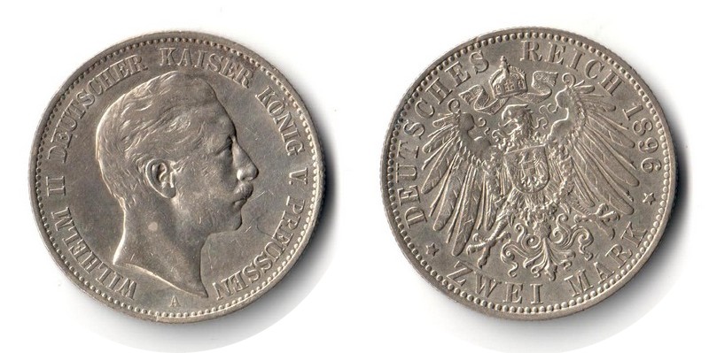  Preussen, Kaiserreich  2 Mark 1896 A  FM-Frankfurt Feingewicht: 10g Silber sehr schön   