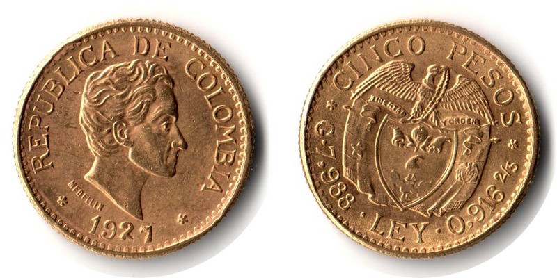 Kolumbien Feingewicht: 7,32g Gold 5 Pesos 1927 sehr schön
