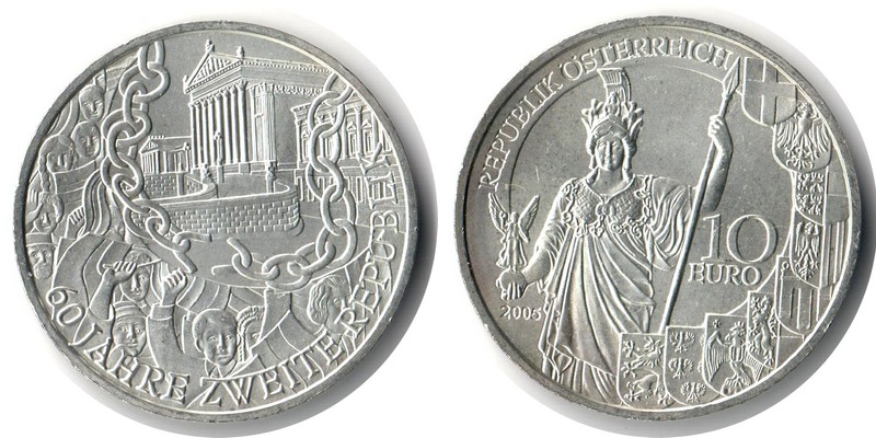  Österreich, 10 Euro 2005  FM-Frankfurt  Feingewicht: 16g Silber stg  „60 Jahre Zweite Republik“   