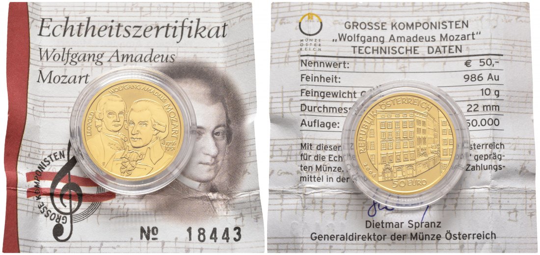 PEUS 8520 Österreich 10 g Feingold. Wolfgang Amadeus Mozart incl. Zertifikat 50 Euro GOLD 2006 Proof