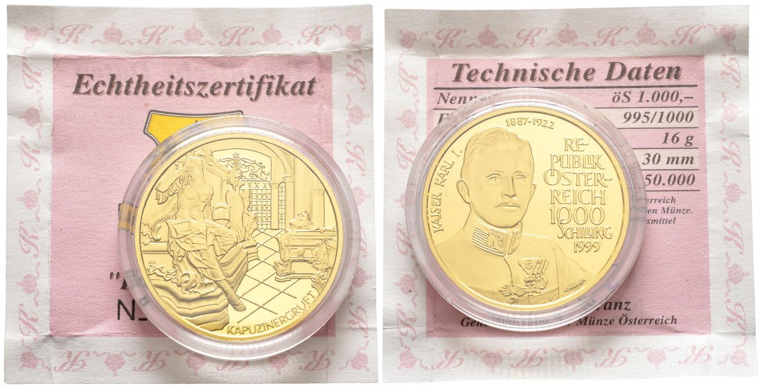PEUS 8498 Österreich 16 g Feingold. Habsburger - Kaiser Karl I. incl. Zertifikat 1000 Schilling GOLD 1999 Polierte Platte (Kapsel)