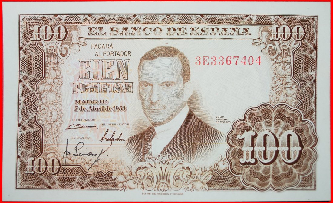  √ TORRES (1874-1930): SPANIEN ★ 100 PESETAS 1953 KNACKIG!   