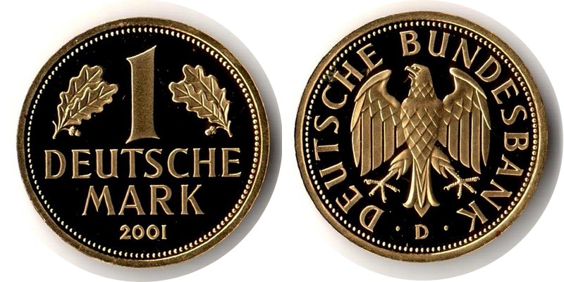 Deutschland MM-Frankfurt Feingewicht: 12g Gold 1 Mark (Goldmark 'D') 2001 vz