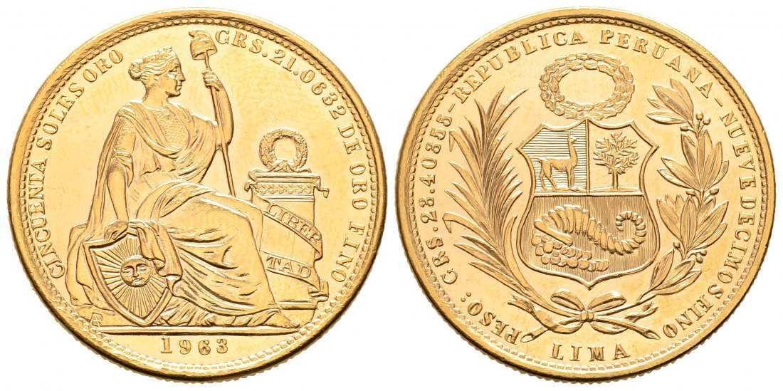 PEUS 8671 Peru 21,06 g Feingold. Wappen - Sitzende Liberty 50 Soles GOLD 1963 Kl. Kratzer, Vorzüglich +