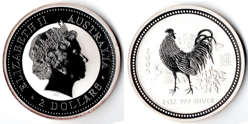 Australien  2 Dollar 2005 (Hahn)  FM-Frankfurt Feingewicht: 62,2 g Silber  stempelglanz   