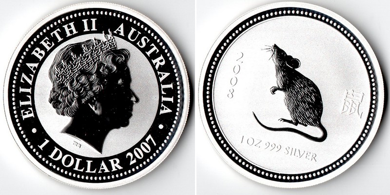  Australien  1 Dollar  2007 Lunar Serie-Maus 2008 FM-Frankfurt  Feingewicht: 31,1g Silber  stg   