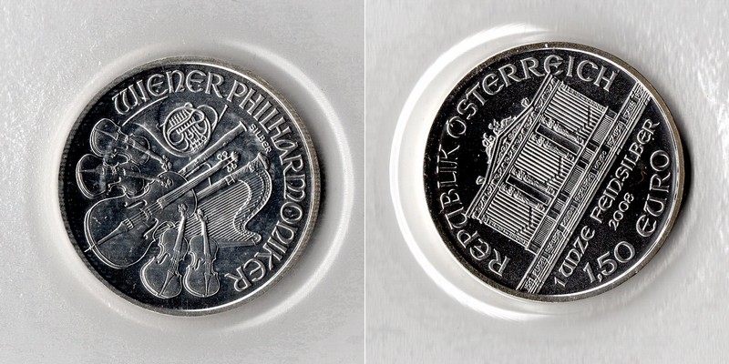  Österreich 1,5 Euro (Wiener Philharmoniker) 2008 FM-Frankfurt Feingewicht: 31,1g Silber stgl.   