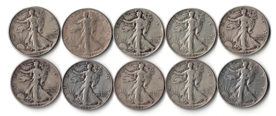  USA 10x Half Dollar (Walking Liberty) ver. Jgg.   FM-Frankfurt Feingewicht:10x 11,25g Silber  schön   
