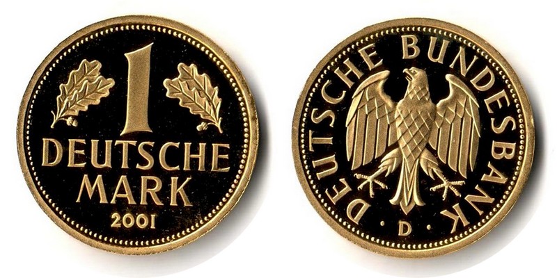Deutschland MM-Frankfurt Feingewicht: 12g Gold 1 Mark (Goldmark 'D') 2001 stg