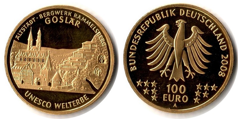 BRD MM-Frankfurt Feingewicht: 15,55g Gold 100 EUR (Goslar) 2008 A vz