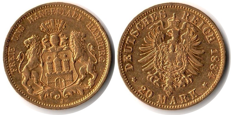 Hamburg, Freie und Hansestadt MM-Frankfurt Feingewicht: 7,17g Gold 20 Mark 1884 J sehr schön
