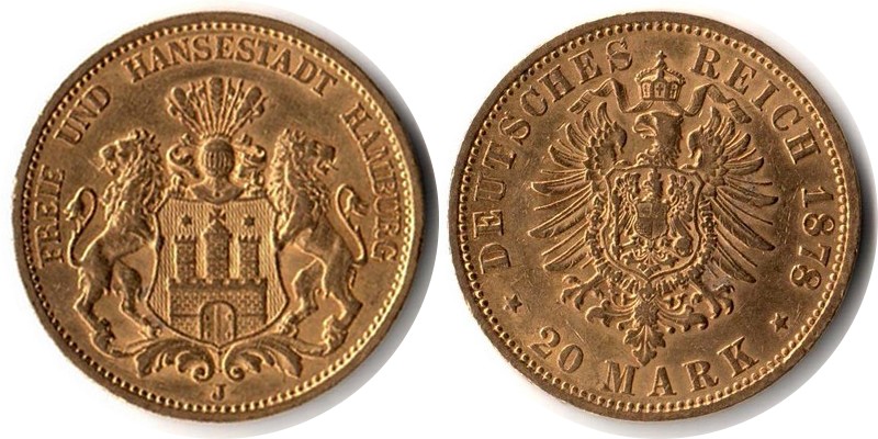 Hamburg, Freie und Hansestadt MM-Frankfurt Feingewicht: 7,17g Gold 20 Mark 1878 J sehr schön