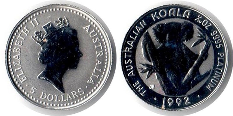 Australien MM-Frankfurt Feingewicht: 1,55g Platinum 5 Dollars (Koala) 1992 stempelglanz