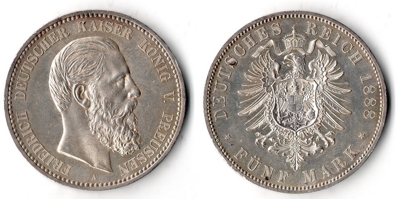  Preußen, Kaiserreich  5 Mark  1888 A  FM-Frankfurt Feingewicht: 25g Silber sehr schön   