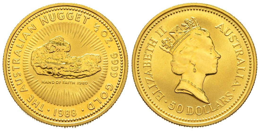 PEUS 8737 Australien 15,55 g Feingold. Gold Bullion Nugget - Hand of Faith 50 Dollars GOLD 1/2 Unze 1988 Vorzüglich +