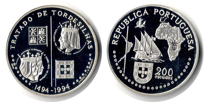  Portugal  200 Escudos  1994  FM-Frankfurt  Feingewicht: 24,51g Silber  pp (angelaufen)   