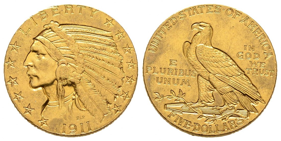PEUS 8757 USA 7,52 g Feingold. Indian Head 5 Dollars GOLD 1911 Sehr schön