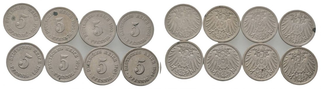  Kaiserreich, 8 Kleinmünzen (1902/1903/1904)   