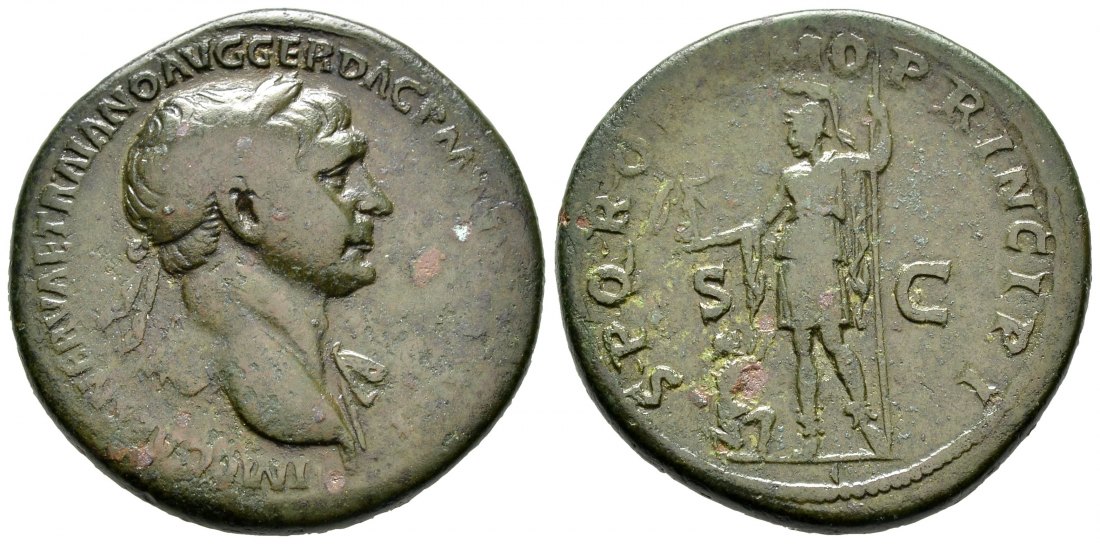 PEUS 8771 Kaiserliche Prägung Traianus (98-117) Sesterz 106/107 Rom Dunkelgrüne Patina, Sehr schön